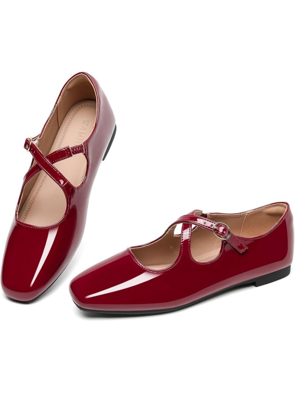🆕Women's Dark Red Square Toe Mary Jane Flats Patent Leather Buckle Dress Shoes